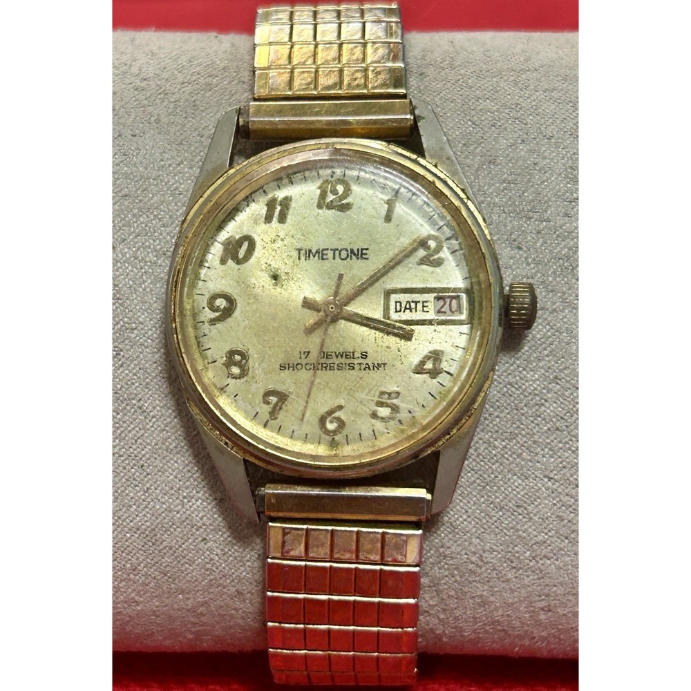 Vintage TimeTone Mens 17 Jewel Gold Tone Wrist Watch Mechanical Hand Wind Runs